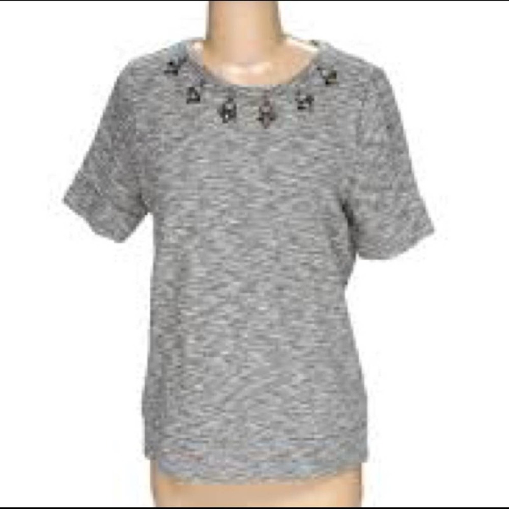 Loft Heathered Grey Jeweled Neckline Top